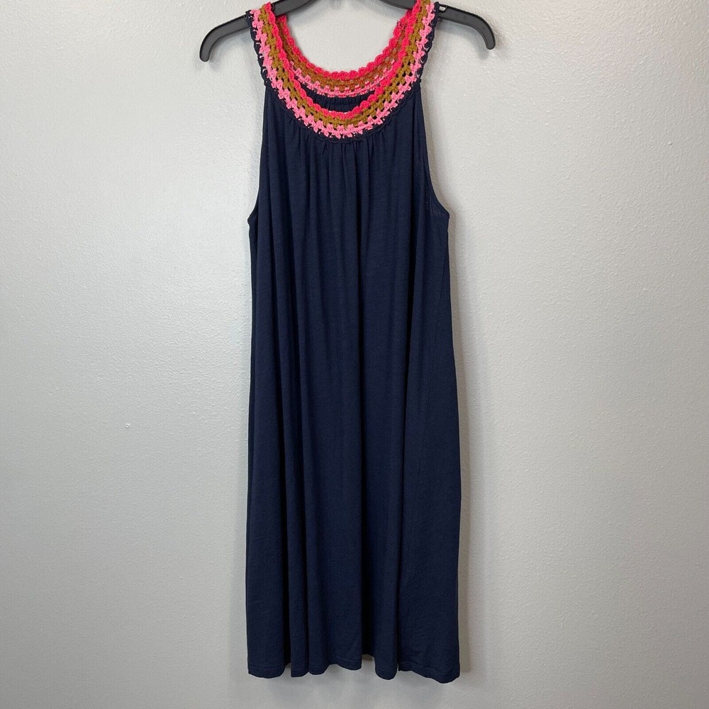 Boden Crochet Detail Jersey Dress Womens 8 Navy Blue Sleeveless A-Line Stretch